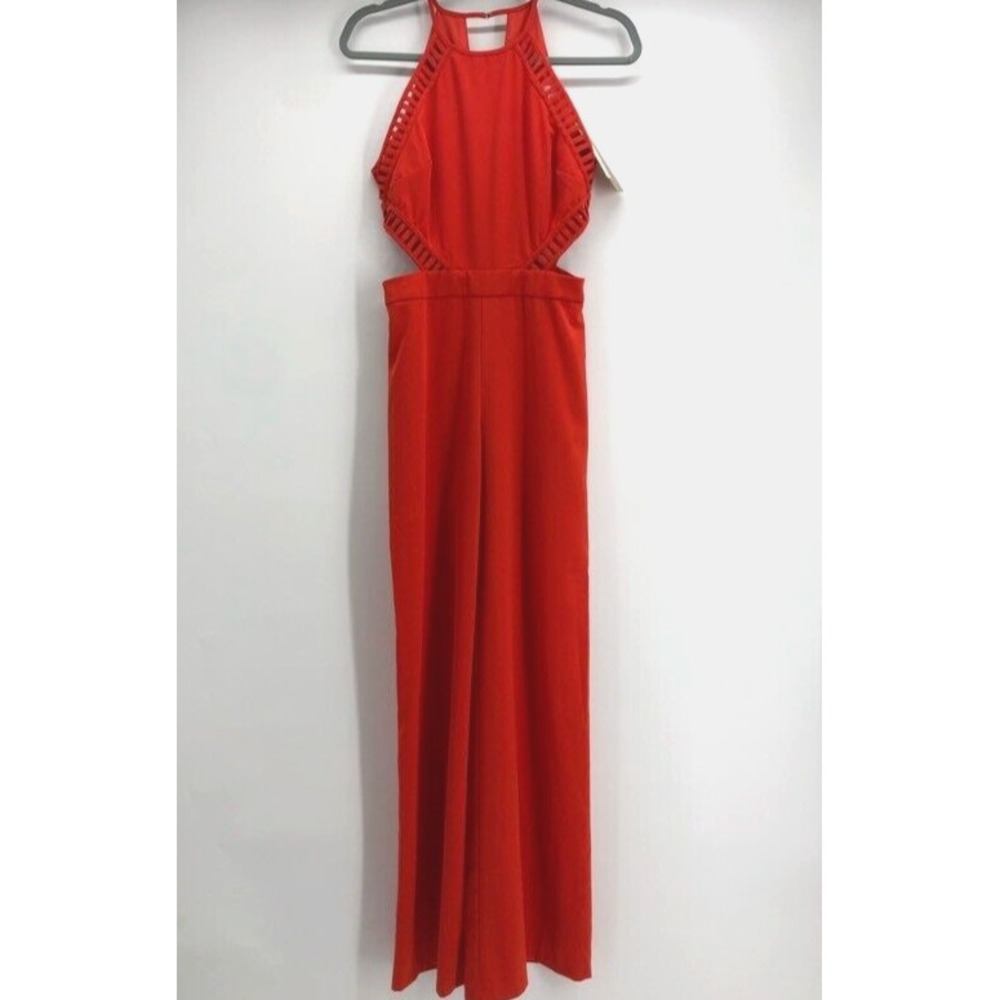 DO+BE Jumpsuit Womens Sz S Red Halter Neck Wide Leg Ladder Cutouts NWT